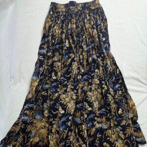 Vintage Floral Maxi Skirt Blue Gold Boho Tiered XL